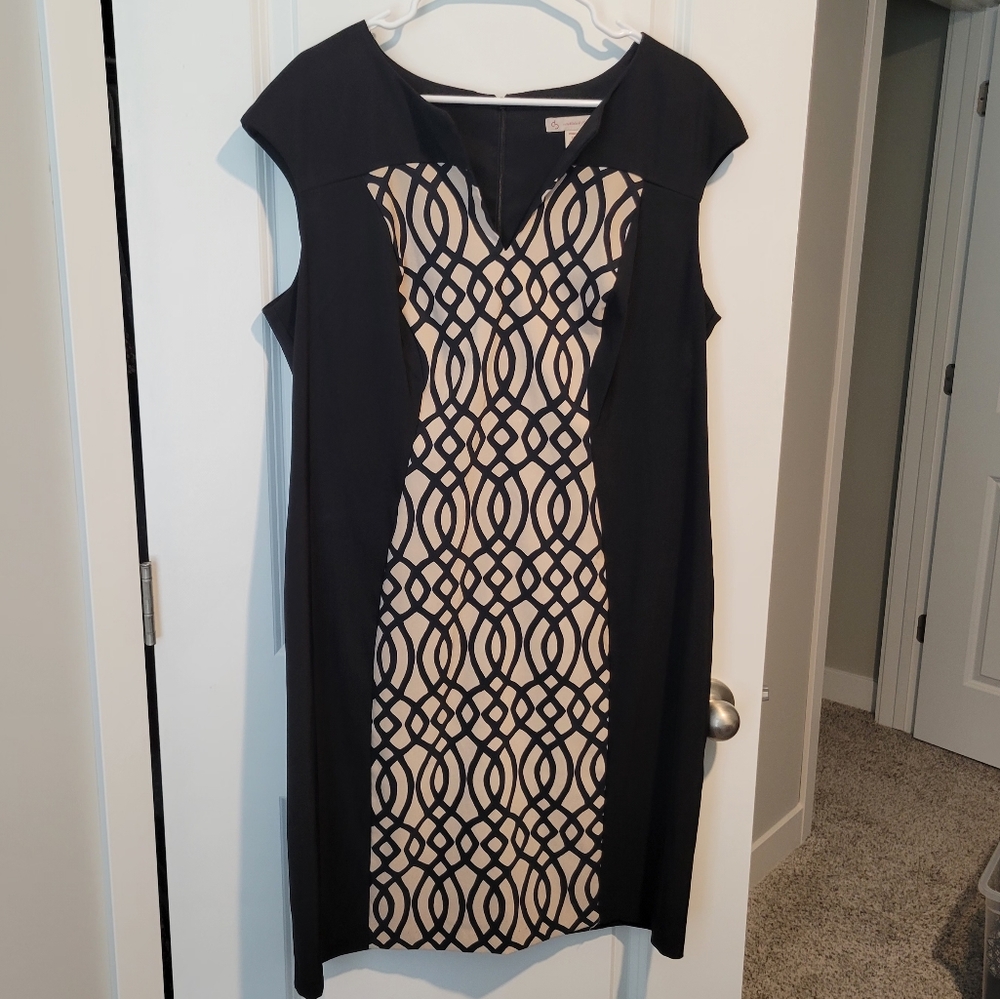 DB Women's Elegant Patterned Midi Dress Black Cream Zipper size 16 Wedding Guest